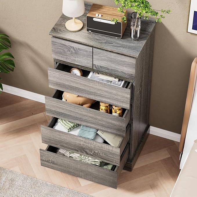 6 Drawers Dresser for Bedroom, 43.3" Tall Dressers & Chests of Drawers, Modern Wood Closet Organizer and Storage Cabinet, Gray Vertical Dresser for Office, Entryway