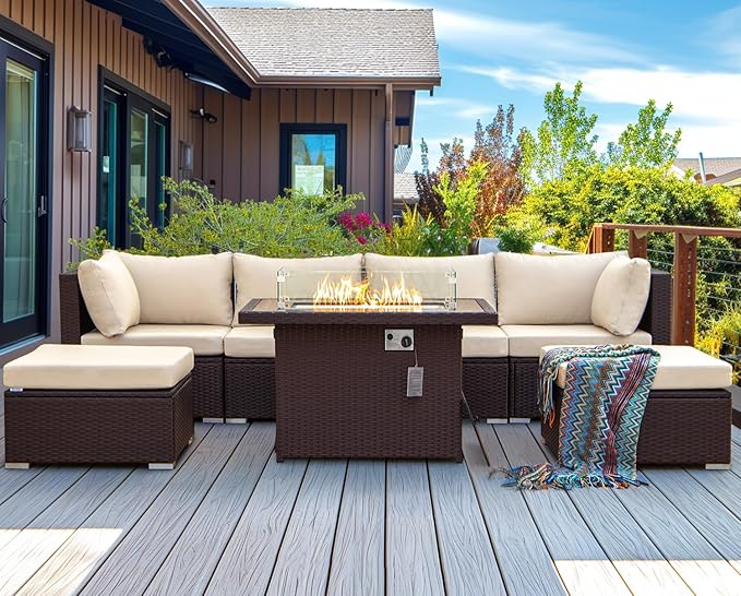 NICESOUL 7 Piece Outdoor Patio Sectional Furniture Set with Fire Pit Natural Gas/Propane, Large Size Comfortable Conversation Sets, 29.3'' High Back Deep Seat Sofa, Brown Rattan and Beige Cushion