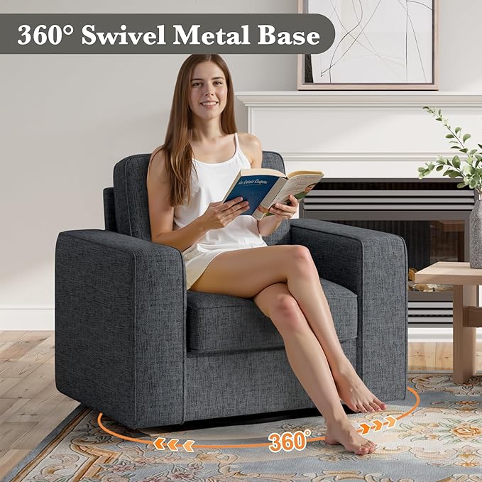 360 Degree Rotation Swivel Accent Sofa Chairs Set of 2, 36'' Width Oversized Armchairs Linen Living Room, Reading-Dark Gray