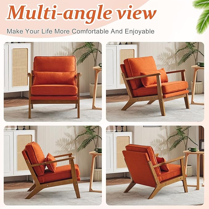 VINGLI Solid Wood Wide Armrests Accent Chair,Upholstered Mid Century Modern Chair with Pillow,Comfy Reading Chair Farmhouse Arm Chair,Chairs Living Room,Bedroom,Guest Room,Linen Fabric,Burnt Orange