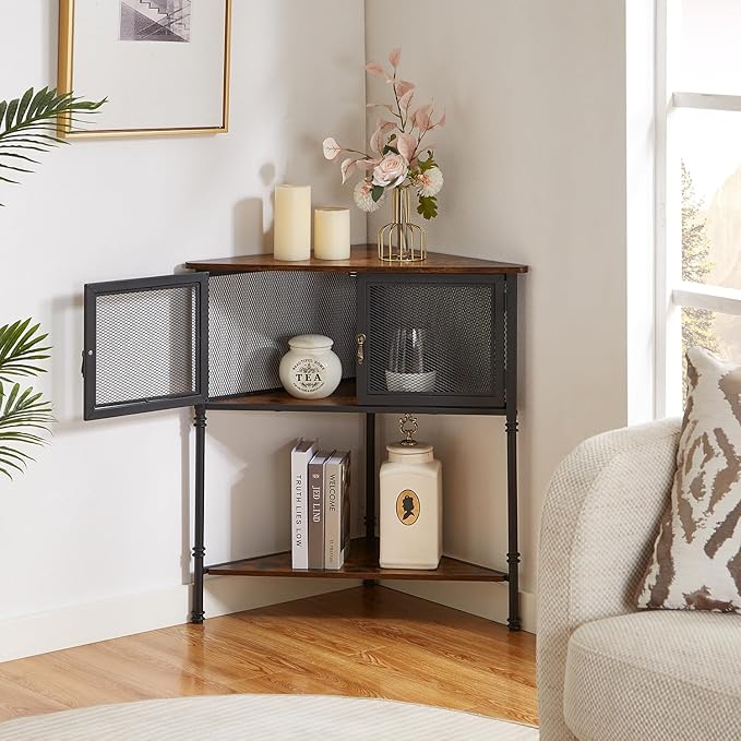VECELO 3 Tier Corner Shelf,Corner Table with Mesh Door and Open-Shelf,Corner Cabinet Stand,Metal Frame Organizer Display Storage Shelves for Bedroom,Living Room,Kitchen,Bathroom