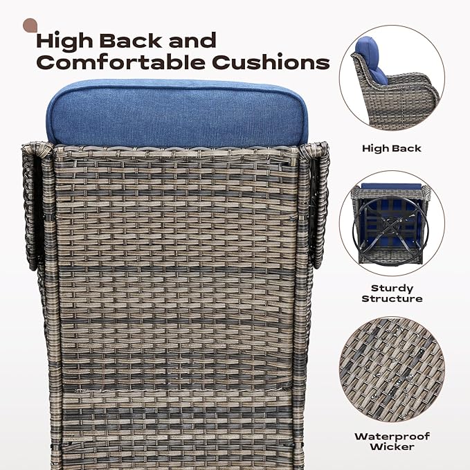 Rilyson Patio Outdoor Swivel Rocker Chairs Set of 2, Waterproof Wicker, High Back, Deep Seating, Wide Armrest, Upgraded 6 inch Thick Cushions, Ideal for Deck Porch Backyard, Mixed Grey/Blue