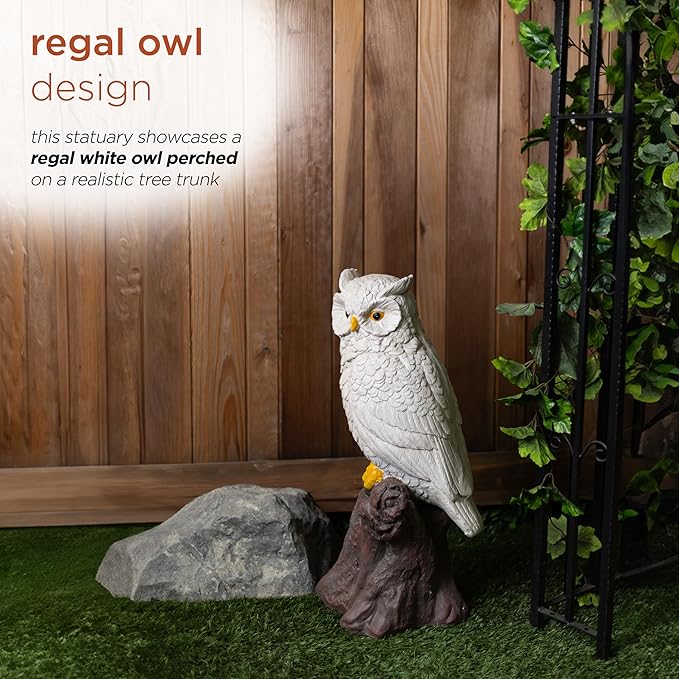 Alpine Corporation JUM584 Indoor Outdoor Life Like Owl on Tree Trunk Garden Static, Rustic Owl Statue for Yard, 28" Tall, White