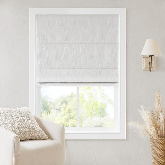 Madison Park Cordless Roman Shades, Total Blackout Window Blind Privacy Window Shades, Thermal Insulated Cordless Window Treatment for Bedroom, Living Room, Quincy, Single Panel 29" W X 64" H White