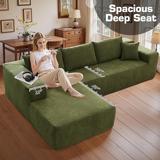 106" Cloud Sectional Couch with Chaise Lounge,L Shaped Modular Modern Sofa,Comfy Velvet Fluffy Couches with Deep Seat,No Assembly Required Couch for Living Room (Left,Cloudy Velvet,Green)