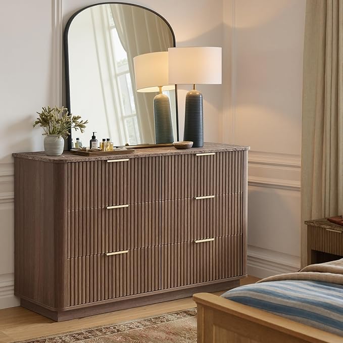 win2win 6 Drawer Dresser, Mid Century Modern Dresser with Storage, 47" Wide Fluted Chest of Drawers with Faux Marble Top, Dressers TV Stand, Drawers Organizer for Bedroom, Living Room, Hallway Walnut