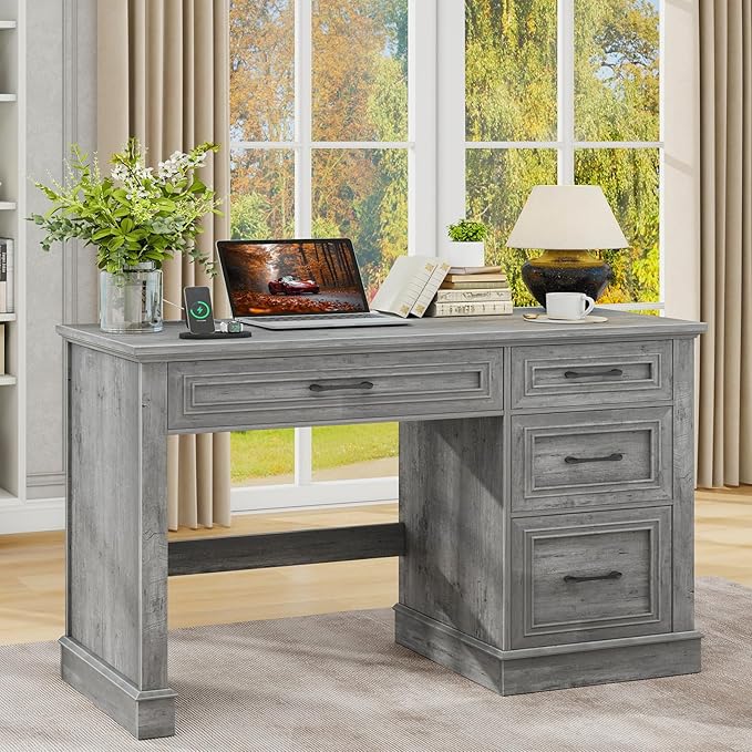 Vabches Farmhouse 47" Executive Desk, Computer Desk with Drawers and File Drawer, Workstation Computer Desk with Charging Station for Home Office,Study,Grey.