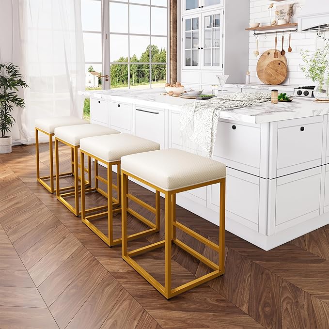 ALPHA HOME 24 Inch Counter Height Bar Stools Set of 4, Upholstered Bar Stools for Kitchen Island, Counter Stools with Faux Leather Cushion and Sturdy Metal Frame, Modern Barstools, White and Gold