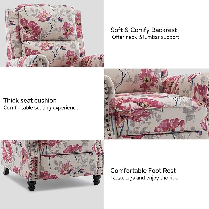 Lumibee Pushback Recliner Chair,Upholstered Wingback Chair for Small Spaces,2 Set of Floral Fabric Armchair for Living Room,Single Sofa Accent Chair Reading Seat for Balcony,Bedroom-Pattern White