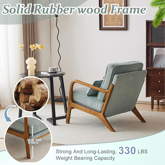 VINGLI Upgraded Premium Corduroy Accent Chair,Upholstered Arm Chair,Solid Wood Comfy Reading Chair with Pillow, Mid Century Modern Chairs for Living Room,Bedroom,Guest Room,Light Teal