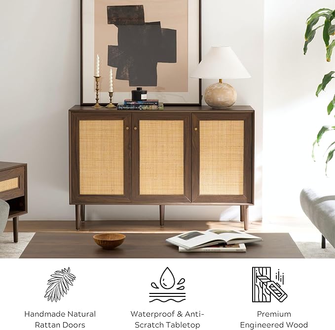 Rattan Storage Cabinet with 3 Doors, Boho Sideboard Buffet Cabinet Solid Wood Farmhouse Credenza Cabinet with Adjustable Shelves for Living Room Kitchen Entryway Hallway, Walnut