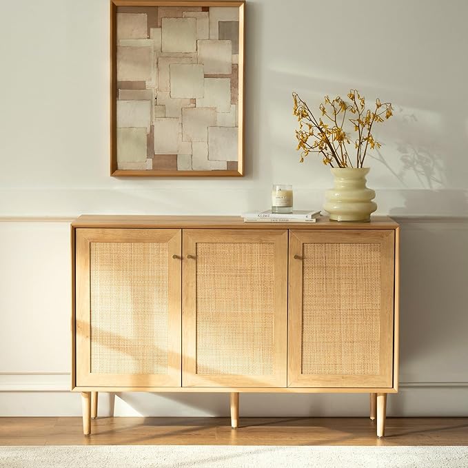 Rattan Storage Cabinet with 3 Doors, Boho Sideboard Buffet Cabinet Solid Wood Farmhouse Credenza Cabinet with Adjustable Shelves for Living Room Kitchen Entryway Hallway, Natural Oak
