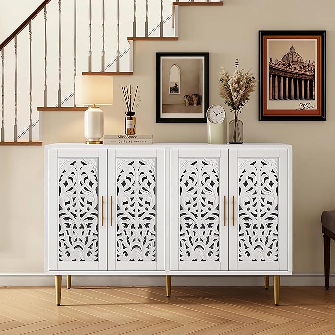ARTPOWER 47.8" Accent Cabinet with 4 Doors, Vintage Hollow Carving Buffet Cabinet, Sideboards and Buffets with Storage, Credenza for Living Room, Kitchen, Dining Room, Entryway, Hallway, White