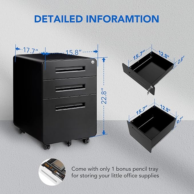 FLEXISPOT Metal File Cabinet for Home Office Mobile File Cabinet with Lock 3 Drawer Filing Cabinets for Legal/Letter/A4 File, Round Corner Design,Black