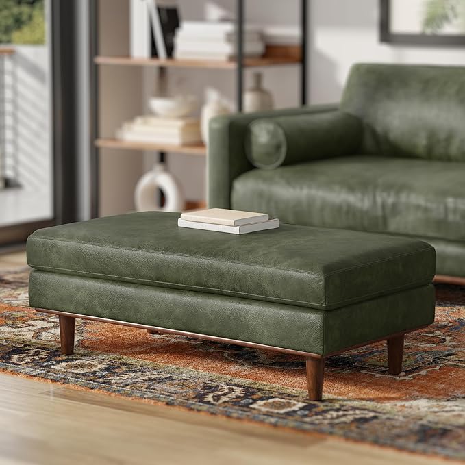 SIMPLIHOME Morrison 49 inch Wide Large Rectangular Ottoman in Moss Green Genuine Leather, Multifunctional Footrest, Coffee Table, and Extra Seating for Living Room, Mid-Century Modern Style