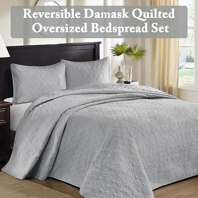 Madison Park Quebec Queen Size Quilt Bedding Set - Grey , Damask – 3 Piece Bedding Quilt Coverlets – Ultra Soft Microfiber Bed Quilts Quilted Coverlet