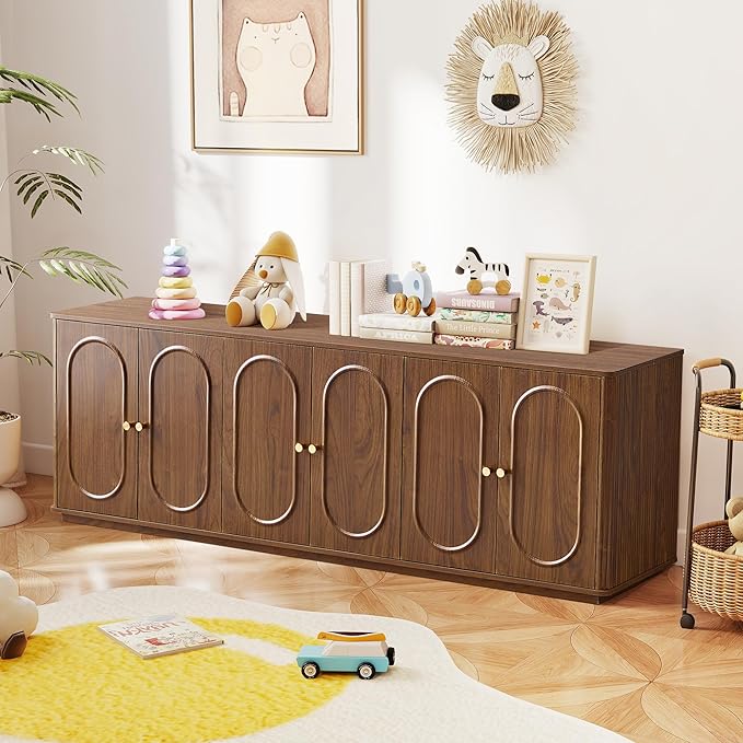 63'' Fluted Sideboard Buffet Cabinet with Storage and 6 Doors, Low Storage Cabinet Modern Wooden Accent Credenza Console Table for Kitchen Dining Living Room Entryway, (63"W*15.75"D*21.4"H) Walnut