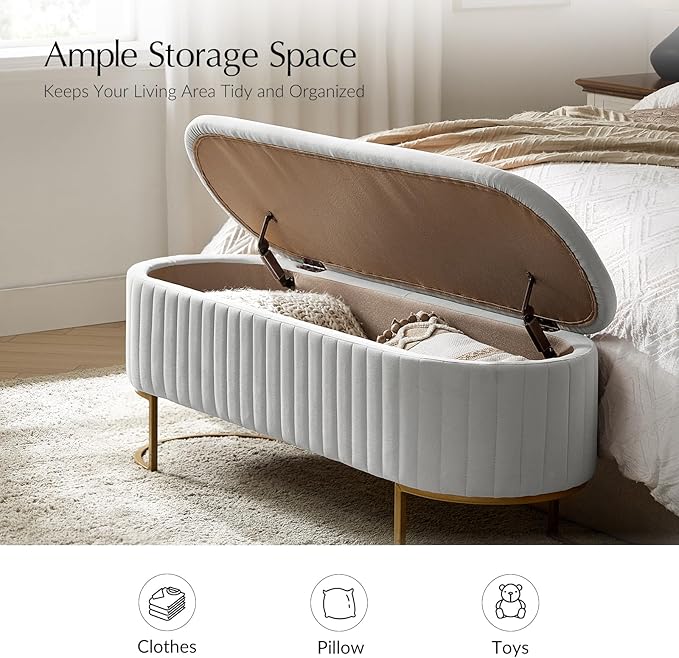 EcoHarbor Living 50.5" Velvet Bedroom Storage Bench Ottoman, Upholstered End of Bed Bench with Gold Legs,Entryway Footrest Seat, Dove