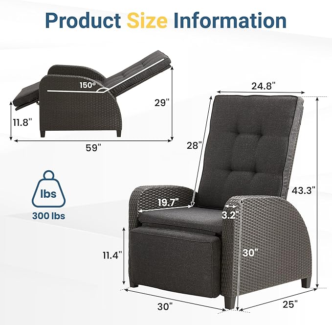 Green4ever Outdoor Patio Recliner with Independently Adjustable Backrest and Footrest, All-Weather Wicker Patio Chair, 160° Lay Flat Patio Reclining Lounge Chair for Backyard Garden, Grey