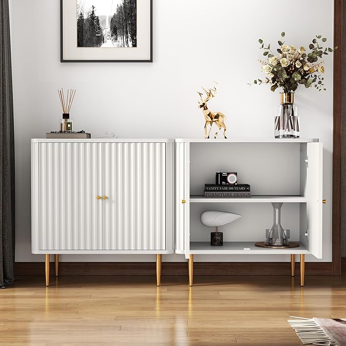 HLR Sideboard Buffet Cabinet with Fluted Texture, White Accent Cabinet with 2 Doors, Modern Credenza Storage for Kitchen Living Room, Entryway (White, 1Piece)