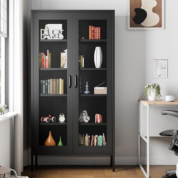 73 Inches Black Metal Storage Cabinet with Mesh Doors, 5 Tier Display Cabinet for Home Office, Metal Kitchen Pantry Storage Cabinet with 4 Adjustable Shelves
