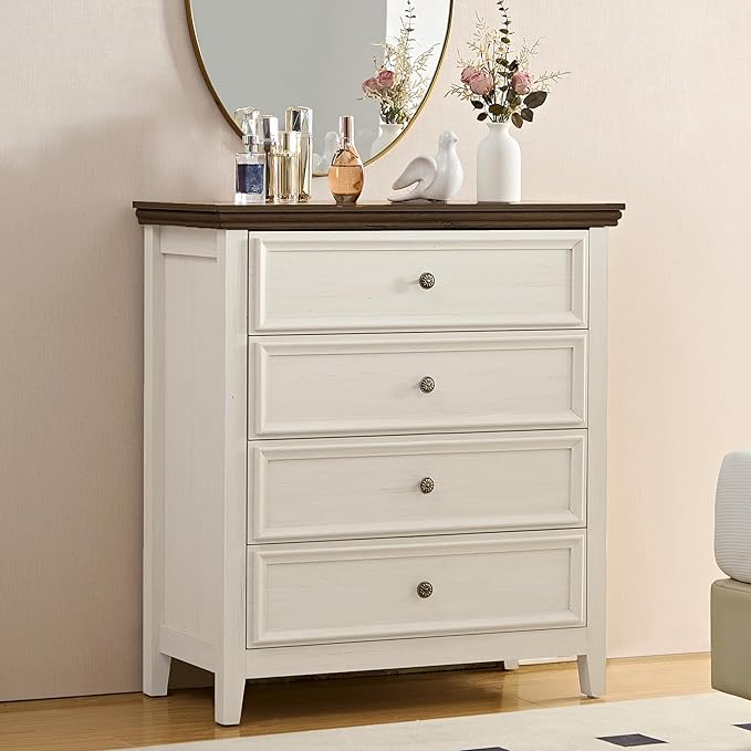 Antique White Dresser for Bedroom 4 Drawers Dresser,4 Chest of Drawers Storage Cabinet for Living Room,Filing Cabinet for Home Office