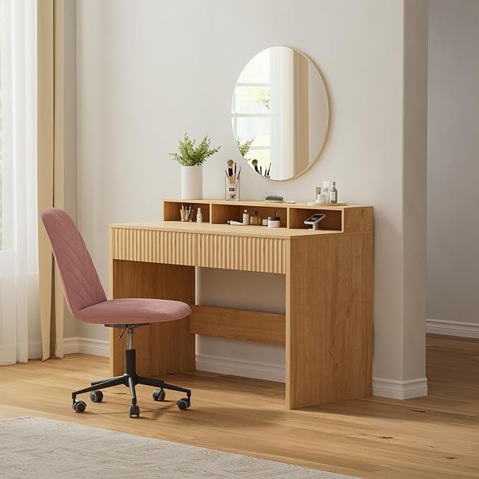 47" Fluted Office Desk with Storage Shelf, Modern Wood Executive Desk with Long Monitor Stand & 2 Drawers, Home Writing Study Computer Table Vanity Desk, Natural Oak