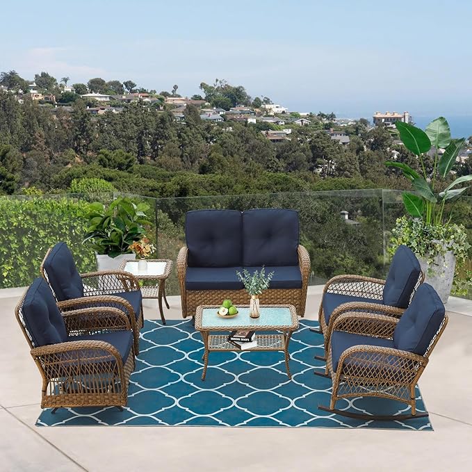 VIVIJASON 7-Piece Outdoor Patio Wicker Conversation Sets, All Weather Outdoor Rattan Furniture Set Includes Glider Loveseat, 2 Rocking Chairs, 2 Glider Rocker Chairs, 2 Coffee Table, Navy Blue