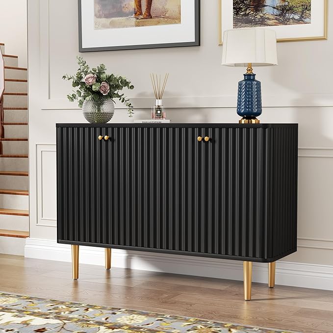 HLR Sideboard Buffet Cabinet, 48" Modern Accent Cabinet with 4 Door and Removable Shelves, Credenza with Storage for Living Room, Dinning Room, Entryway, Black