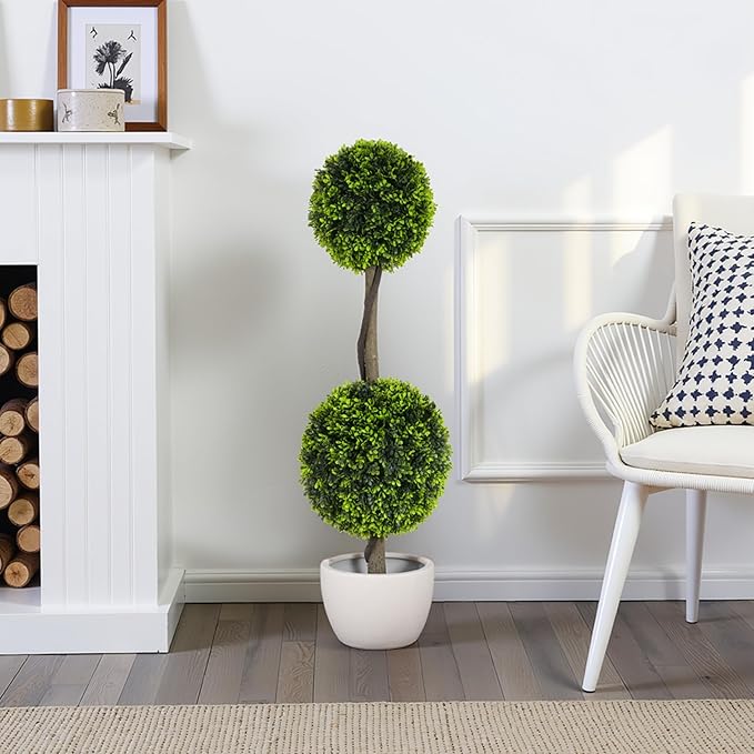 Christopher Knight Home Alene Set of 2 34''H Pre-Potted Artificial Tree Indoor, Artificial Topiary Boxwood Tree Double Ball with Pot, Faux Tree with Natural Wood Trunk with Black Plastic Pot, Green