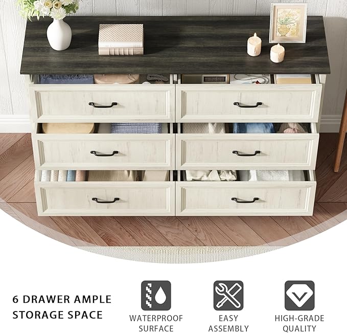 Farmhouse 6 Drawer Dresser for Bedroom, 55 Inch Wide Modern White Dresser TV Stand with Large Drawers & Bar Handles, Rustic Wood Chest of Drawers for Bedroom