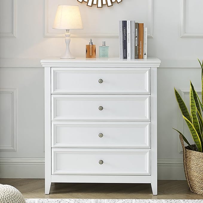 BLANKSPACE White Dresser for Bedroom, 4 Chest of Drawers Modern Wood Nightstand, Tall Clothes Organizer Cabinet for Guest Room, Living Room, Closets, Hallway, Bedroom