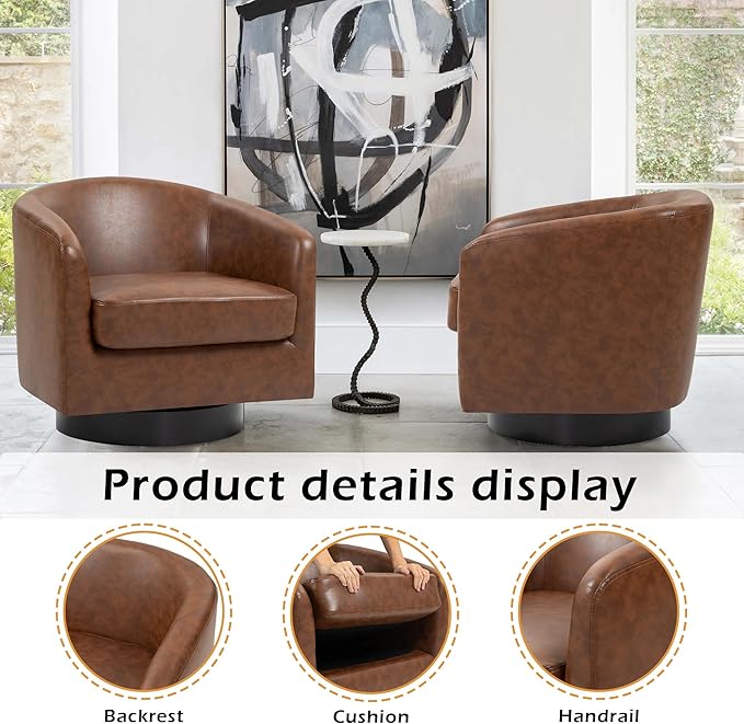 Lumibee Swivel Accent Chair, Faux Leather Swivel Barrel Chair for Living Room, Modern Comfy Upholstered Round Armchair Single Sofa Chair for Bedroom, Club-Coffee