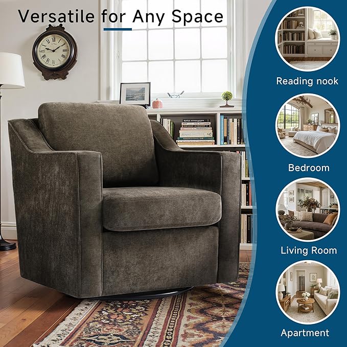 Pia Ricco 360° Swivel Accent Chair, Plush Oversized Chenille Fabric Armchair with Removable Cover for Living Room and Reception,Night Brown Black
