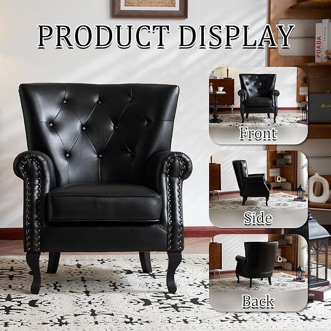 Modern Faux Leather Accent Chair, Upholstered Mid-Century Armchair with Solid Wood Legs, Single Sofa Chair for Living Room, Bedroom, or Reading Room（Black）