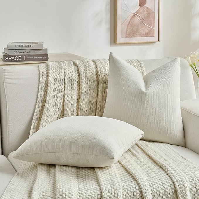 FUTEI Cream Decorative Throw Pillow Covers 26x26 Inch Set of 2,Soft Cozy Wheat Ear Striped Patterns Euro Pillow Shams,Modern Home Decor for Couch Bed Living Room