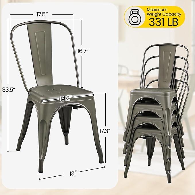 Yaheetech Metal Dining Chairs Set of 4, Industrial Stackable Kitchen Chairs with Back for Dining Room/Restaurant/Bistro/Patio, Indoor & Outdoor Use, Gun Metal