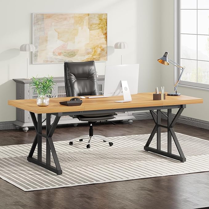 Tribesigns 70.8-Inch Executive Desk, Large Computer Office Desk Workstation, Modern Simple Style Laptop Desk Study Writing Table Business Furniture for Home Office (Light Walnut/Black, 70.8 Inch)