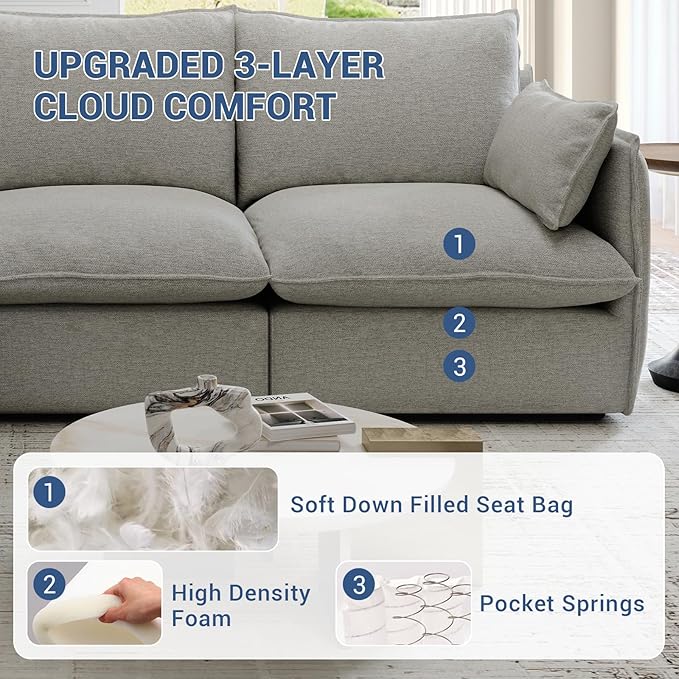 94.6" Cloud Modular Sectional Sofa, Waterproof Down Filled Sectional Sofas, High Backrest 3 Seater Sectional Couches for Living Room, Modern Modular Couch with Removable Cover, Light Gray