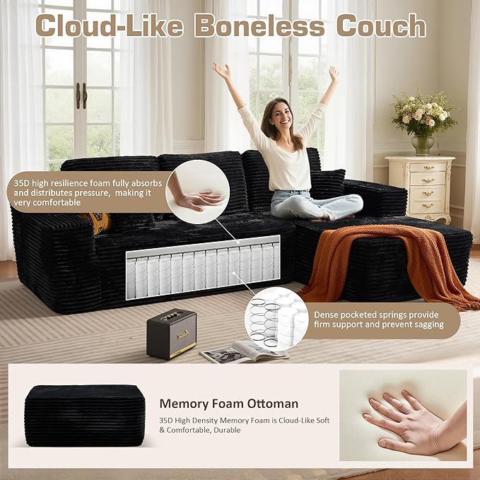 106" Cloud Sectional Couch with L-Shape Chaise & Ottoman, No Assembly Modular Sofa, Deep Seat Plush Corduroy Boneless Couched for Living Room (Black Plush Corduroy, Right Facing Chaise with Ottoman)