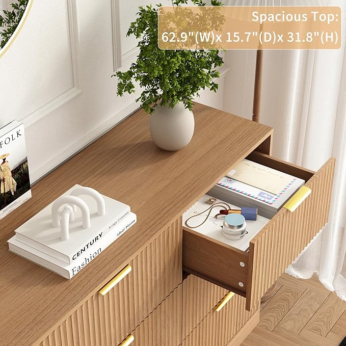 9 Drawer Dresser for Bedroom with Deep Drawers, 63" Wide Wood Dresser, Large Floor Chest of Drawers, Modern Long TV Stand, Mid Century Storage Cabinet Side Table, Natural