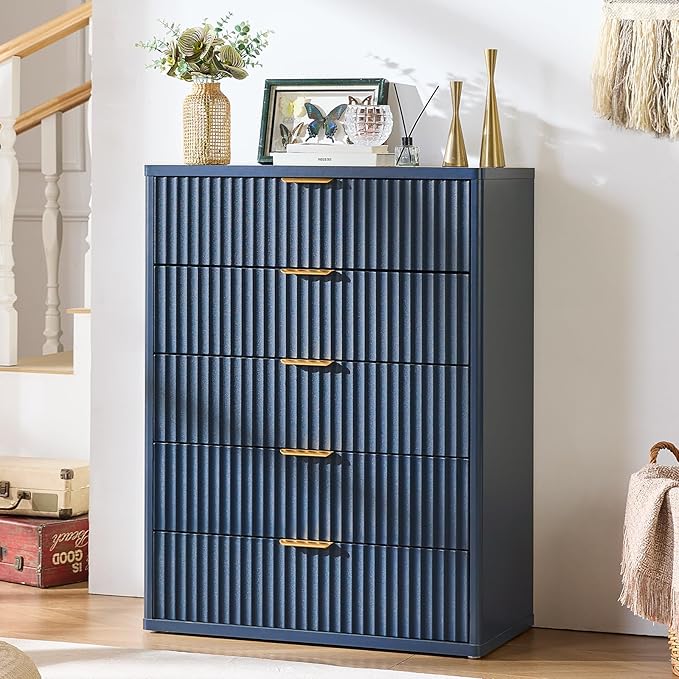 LEYAOYAO Fluted 5 Drawers Dresser Set of 2, 41" Tall Modern Chest of Drawers with Metal Handle, Curved Profile Dresser TV Stand, Wooden Drawer Organizer for Bedroom, Living Room, Hallway, Navy Blue