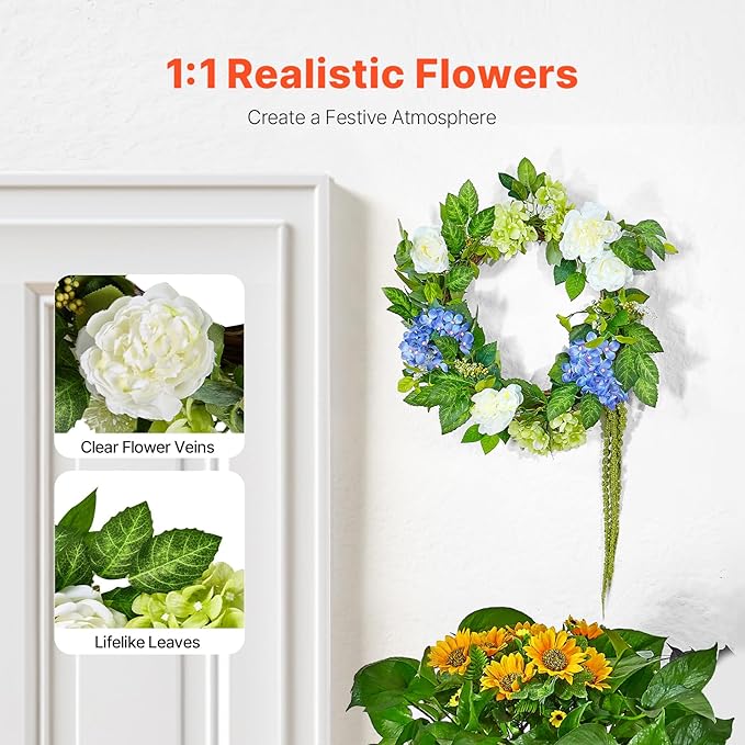 VEVOR Spring Wreath for Front Door 24 Inch - Artificial Hydrangea Wreath with Peonies, Year-Round All Season Outdoor Indoor Decor (Blue White Green Summer Floral)