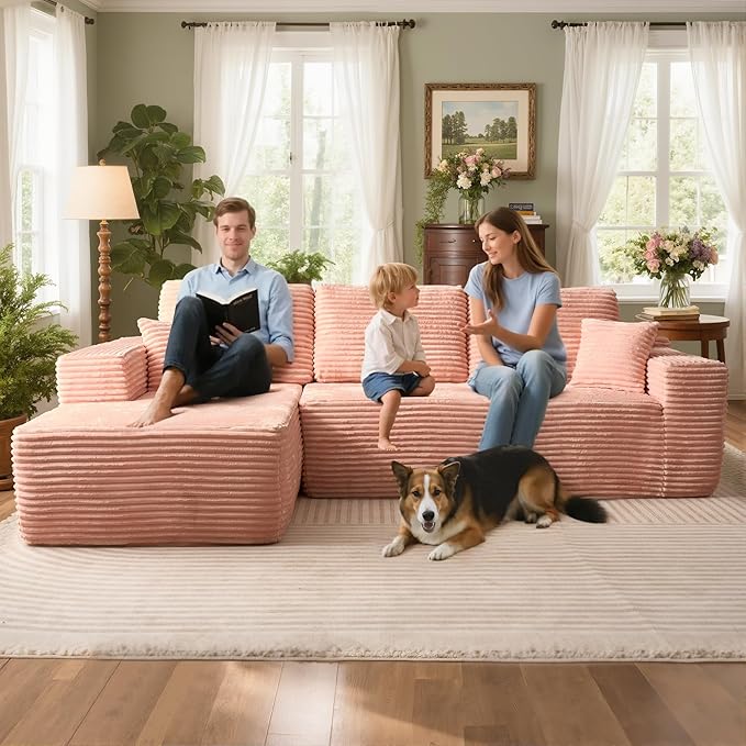 106" Cloud Sectional Couch with L-Shape Chaise, No Assembly Modular Sofa, Deep Seat Plush Corduroy Boneless Couched for Living Room (Pink Plush Corduroy, Left Facing Chaise)