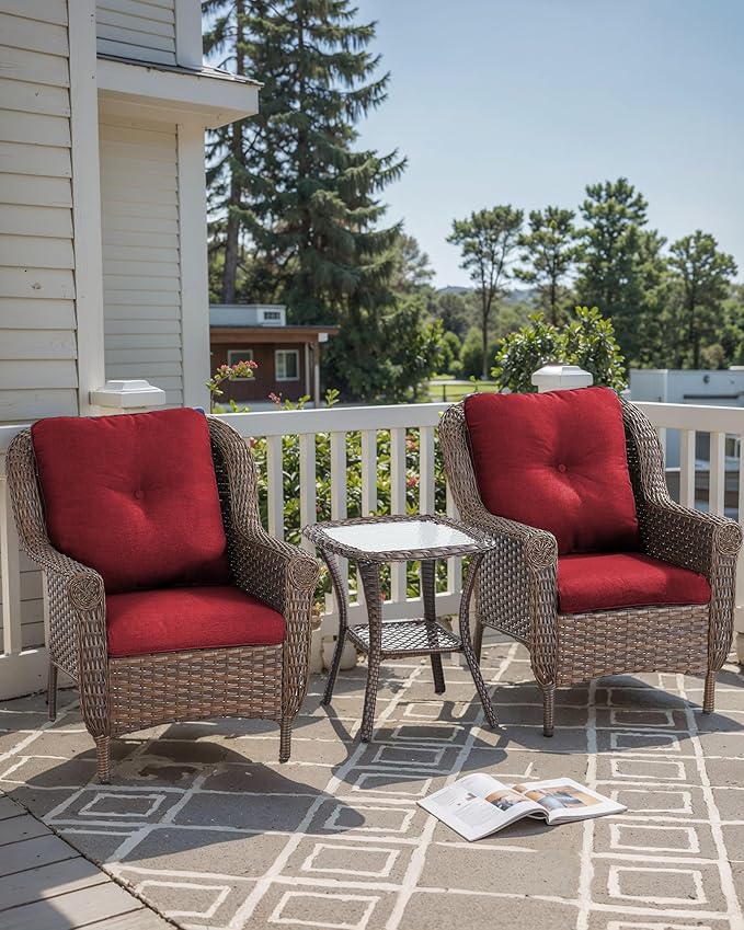 3 Piece Patio Brown Wicker Chairs with Side Table - Outdoor High Back Heavy Duty All-Weather Lawn Dining Rattan Chair Conversation Bistro Set for Deck Porch Balcony Backyard Garden - Red
