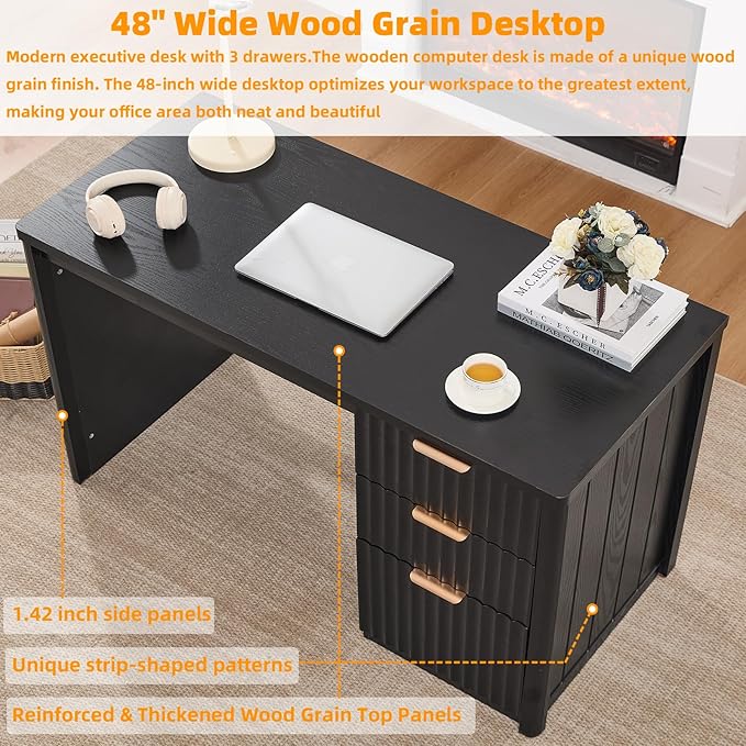 48" Modern Fluted Executive Desk with Storage Cabinet, Black Wood Home Office Desk with File Drawer & Metal Handles, Large Computer Writing Table for Office,Study, Living Room, Bedroom