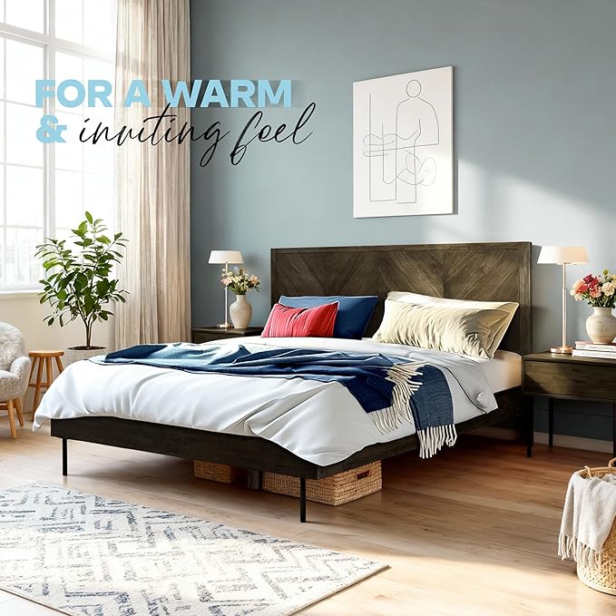 Acacia Alander Bed Frame Queen Size with High Headboard Solid Wood Platform Bed, Tall Headboard Natural Wood Bed Compatible with All Mattresses, Quick & Easy Assembly, No Box Spring Needed, Mocha