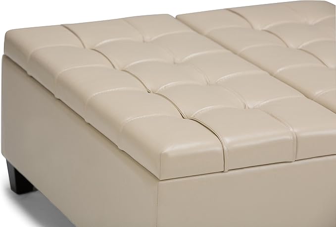 SIMPLIHOME Harrison Coffee Table Storage Ottoman - 36 inch Wide Upholstered Vegan Leather Square Lift-Top Ottoman in Satin Cream, Transitional Ottoman for Living Room with Hidden Storage