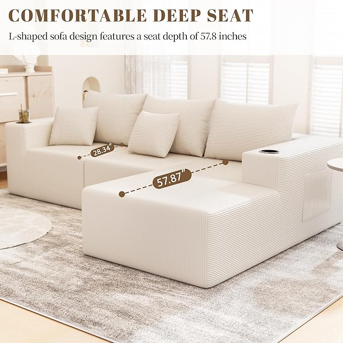 107" Cloud Sectional Couch, Modular Sectional Sofa with L-Shape Chaise, Corduroy Boneless Couch with Deep Seat, Upholstered Sofa for Living Room, No Assembly Required(Right-Facing Chaise, White)