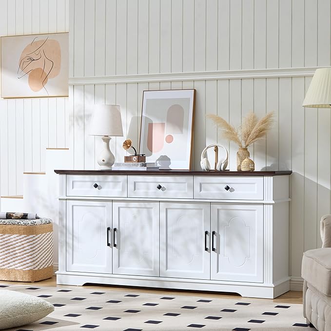 63" White Buffet Sideboard Cabinet with 4 Doors and 3 Drawers, Modern Farmhouse Kitchen Storage Cabinet, Coffee Bar Cabinet with Adjustable Shelves, Living Room Storage, Dining Room